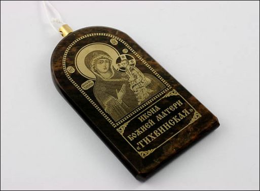 Брелок из обсидиана икона тихвинская./Самоцветы мира/