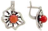 Серьги из серебра с кораллом красным шар 6 мм ромашка 32509