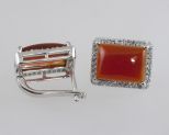 Серьги из серебра с сердоликом и фианитами прямоугольник 11х15 мм 42006