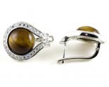 Серьги из серебра с тигровым глазом и фианитами круг 14 мм 42024