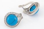 Серьги из серебра с бирюзой синтетической и фианитами круг 14 мм 42443