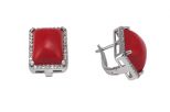 Серьги из серебра с кораллом красным и фианитами прямоугольник 11х15 мм 42469