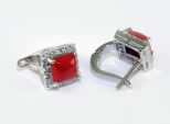 Серьги из серебра с кораллом красным и фианитами квадрат 8х8 мм 42524
