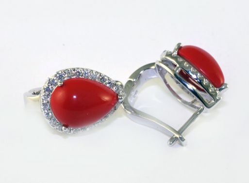 Серебряные серьги с красным кораллом 42559 купить в магазине Самоцветы мира