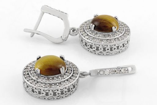 Серебряные серьги с тигровым глазом 43649 купить в магазине Самоцветы мира