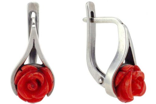 Серебряные серьги с кораллом 48566 купить в магазине Самоцветы мира