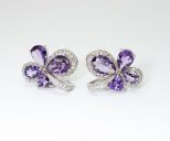 Серьги из серебра с аметистом и фианитами 3 капли 1 треугольник 48695