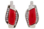 Серьги из серебра с кораллом красным и фианитами прямоугольник 5х10 мм 49004