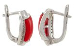 Серьги из серебра с кораллом красным и фианитами прямоугольник 5х10 мм 49004