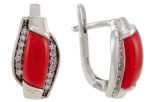 Серьги из серебра с кораллом красным и фианитами прямоугольник 5х10 мм 49004