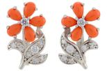 Серьги из серебра с кораллом розовым и фианитами 5 капель 2х4 мм 49013