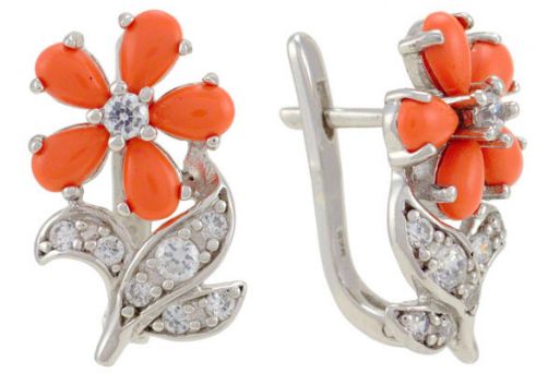Серебряные серьги с кораллом 49013 купить в магазине Самоцветы мира