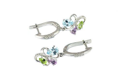 Серьги из серебра с Голубым Топазом, Аметистом, Хризолитом.