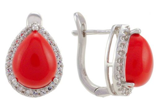 Серебряные серьги с кораллом и фианитами 53200 купить в магазине Самоцветы мира