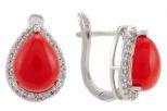 Серьги из серебра с кораллом красным и фианитами капля 10х12 мм 53200