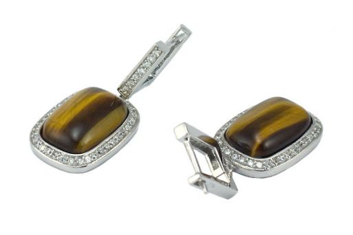 Серьги с Тигровым глазом и Фианитами