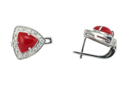Серебряные серьги с кораллом и фианитами 53769 купить в магазине Самоцветы мира