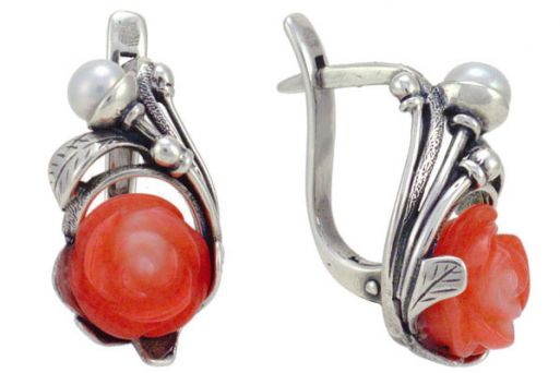 Серебряные серьги с розовым кораллом 57019 купить в магазине Самоцветы мира