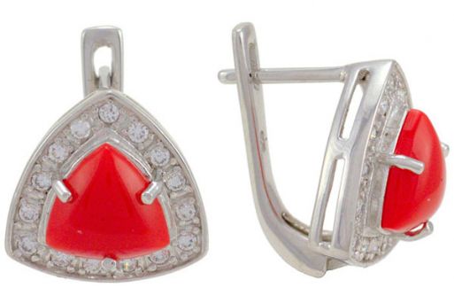 Серебряные серьги с кораллом и фианитами 57304 купить в магазине Самоцветы мира