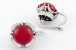Серьги из серебра с кораллом красным круг 11 мм четырёхлистник 57980
