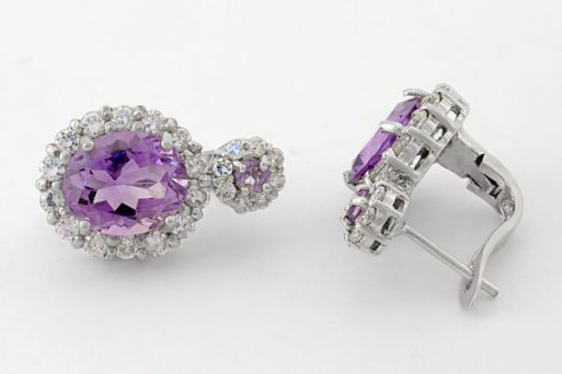 Серебряные серьги с аметистом и фианитами 60028 купить в магазине Самоцветы мира