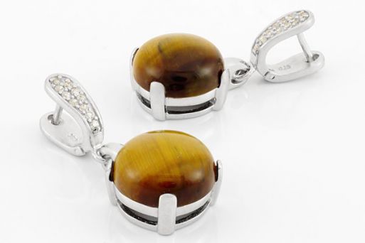 Серебряные серьги с тигровым глазом и фианитами 61296 купить в магазине Самоцветы мира